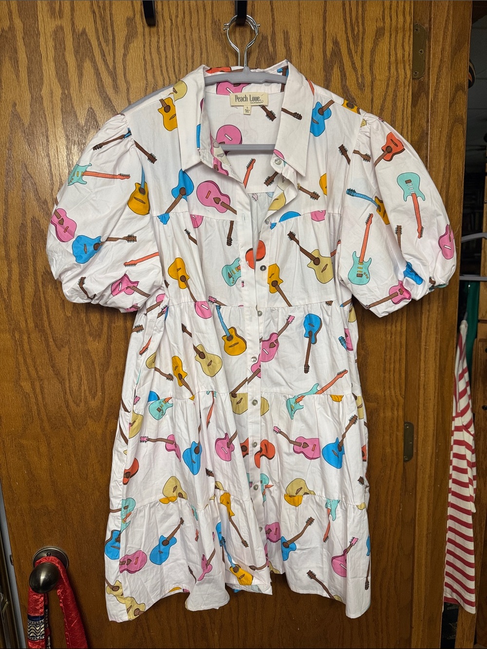 Guitar Print Button-Front Puff Sleeve Dress - White with Multicolor Guitars
